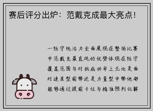 赛后评分出炉：范戴克成最大亮点！